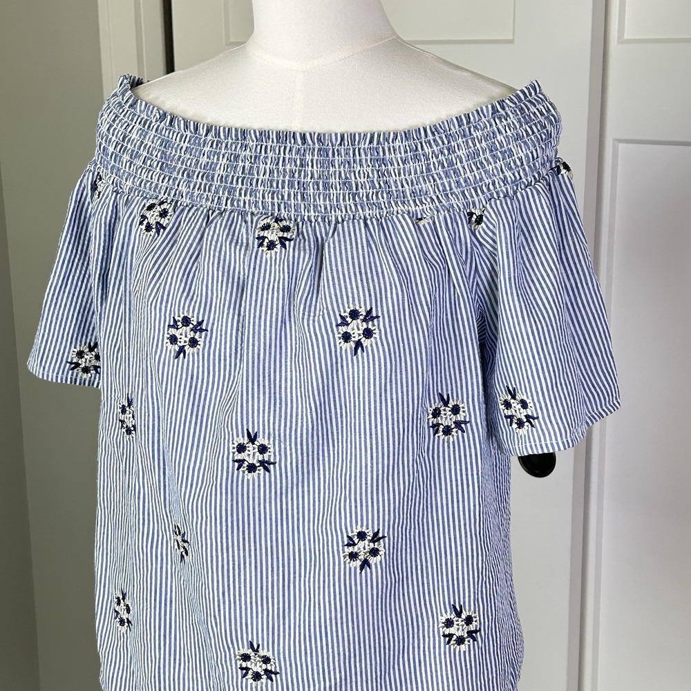 Ci Sono Blue & White Striped Floral Embroidered Off-the-Shoulder Top - Large